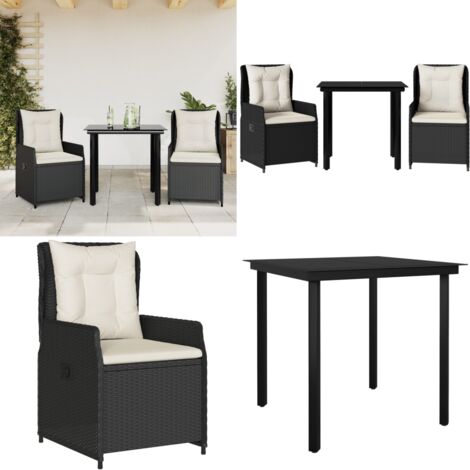 Set comedor de jardín 3 pzas con cojines ratán sintético negro - Sillas de jardín - Mesa de jardín