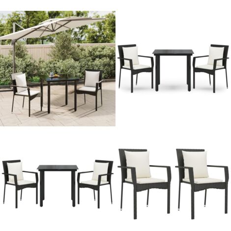 Set comedor de jardín 3 pzas con cojines ratán sintético negro - Sillas de jardín - Mesa de jardín
