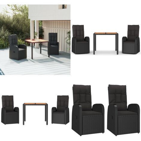 Set comedor de jardín 3 pzas con cojines ratán sintético negro - Sillas de jardín - Mesa de jardín