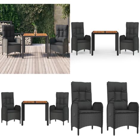 Set comedor de jardín 3 pzas con cojines ratán sintético negro - Sillas de jardín reclinables - Ratán sintético