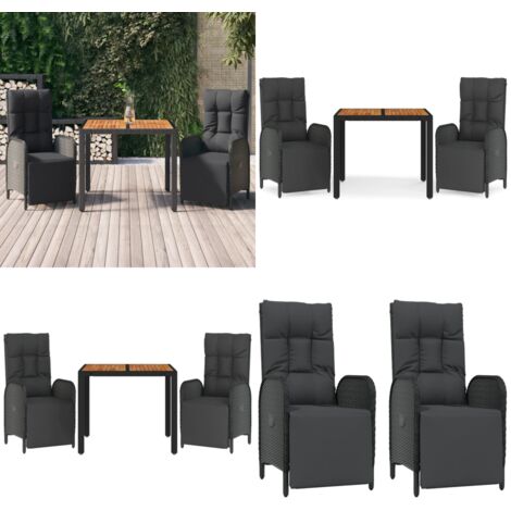 Set comedor de jardín 3 pzas con cojines ratán sintético negro - Sillas de jardín reclinables - Ratán sintético