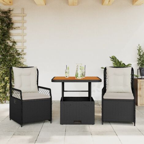 Set comedor de jardín 3 pzas con cojines ratán sintético negro vidaXL