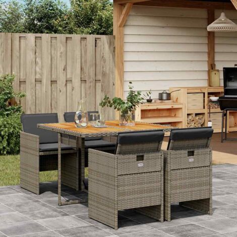 Set comedor de jardín 5 piezas con cojines ratán sintético gris
