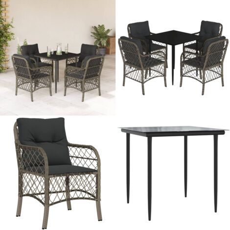 Set comedor de jardín 5 piezas con cojines ratán sintético gris - Muebles de exterior - Asiento cómodo
