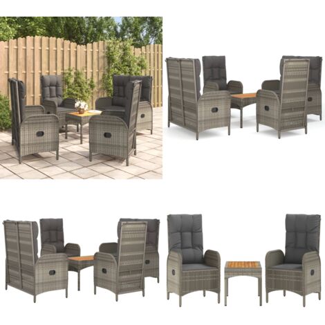 Set comedor de jardín 5 piezas con cojines ratán sintético gris - Sillas de jardín - Banco de jardín