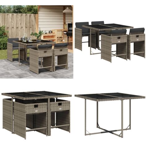 Set comedor de jardín 5 piezas con cojines ratán sintético gris - Sillas de jardín - Mesa de jardín