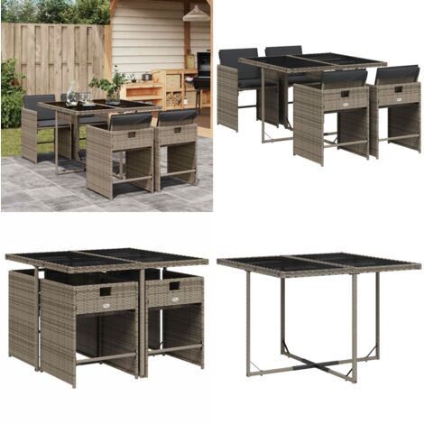 Set comedor de jardín 5 piezas con cojines ratán sintético gris - Sillas de jardín - Mesa de jardín
