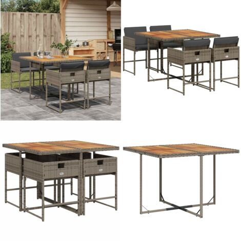 Set comedor de jardín 5 piezas con cojines ratán sintético gris - Sillas de jardín - Mesa de jardín