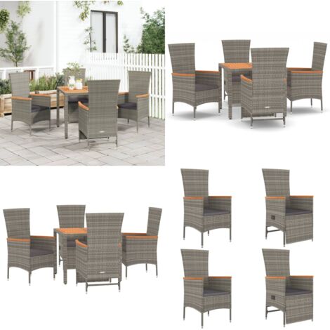 Set comedor de jardín 5 piezas con cojines ratán sintético gris - Sillas de jardín - Mesa de jardín