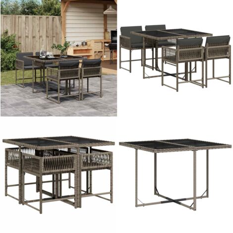 Set comedor de jardín 5 piezas con cojines ratán sintético gris - Sillas de jardín - Mesa de jardín
