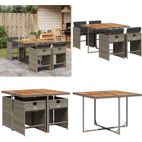 Set comedor de jardín 5 piezas con cojines ratán sintético gris - Sillas de jardín - Mesa de jardín