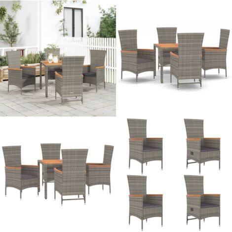 Set comedor de jardín 5 piezas con cojines ratán sintético gris - Sillas de jardín - Mesa de jardín
