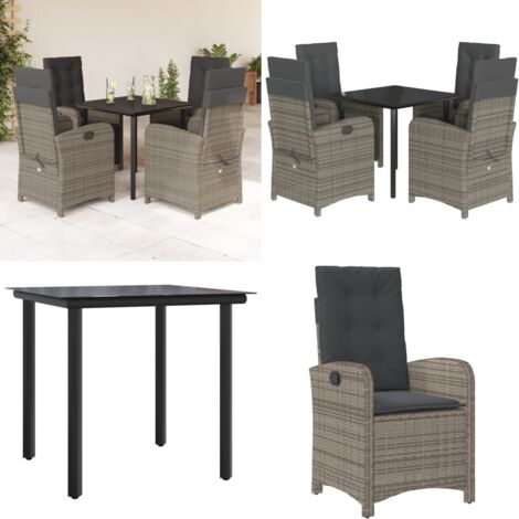 Set comedor de jardín 5 piezas con cojines ratán sintético gris - Sillas de jardín reclinables - Cojines para sillas