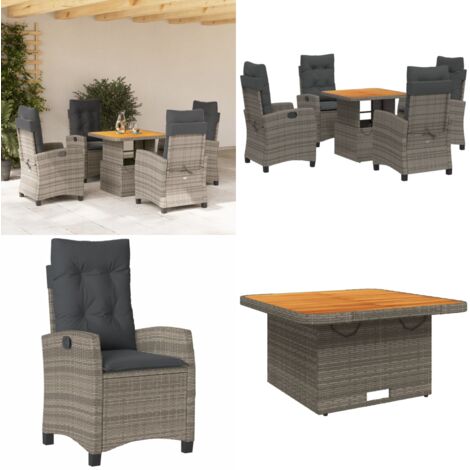 Set comedor de jardín 5 piezas con cojines ratán sintético gris - Sillas de jardín reclinables - Mesa de jardín elevable