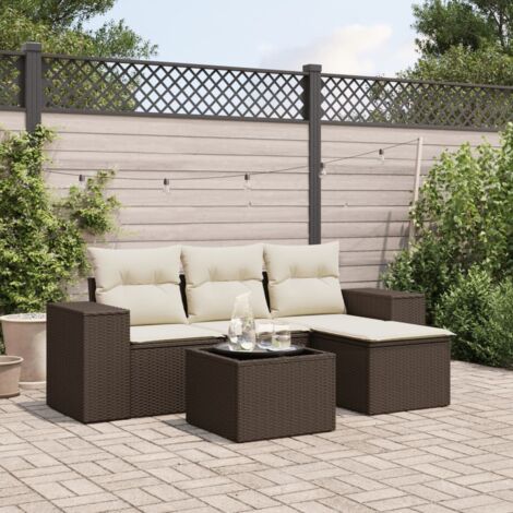 Set comedor de jardín 5 piezas y cojines ratán sintético marrón