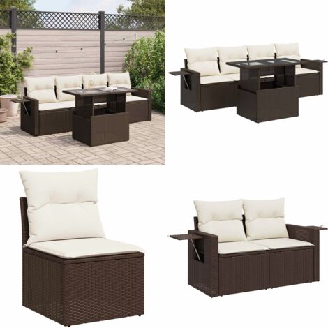 Set comedor de jardín 5 piezas y cojines ratán sintético marrón - Sofás de jardín - Muebles de exterior