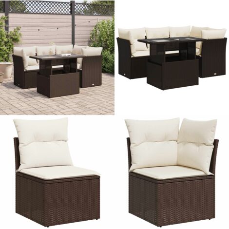 Set comedor de jardín 5 piezas y cojines ratán sintético marrón - Sofás de jardín - Muebles de exterior