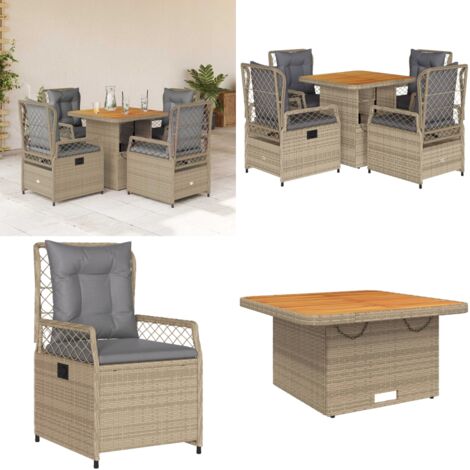 Set comedor de jardín 5 pzas con cojines ratán sintético beige - Jardín - Mesa de jardín