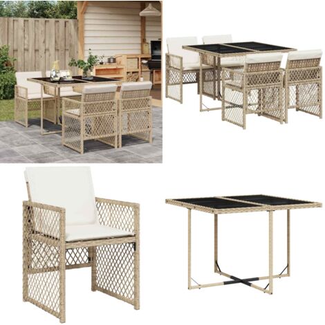 Set comedor de jardín 5 pzas con cojines ratán sintético beige - Sillas de jardín - Mesa de jardín