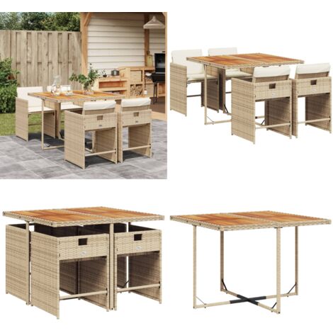 Set comedor de jardín 5 pzas con cojines ratán sintético beige - Sillas de jardín - Mesa de jardín