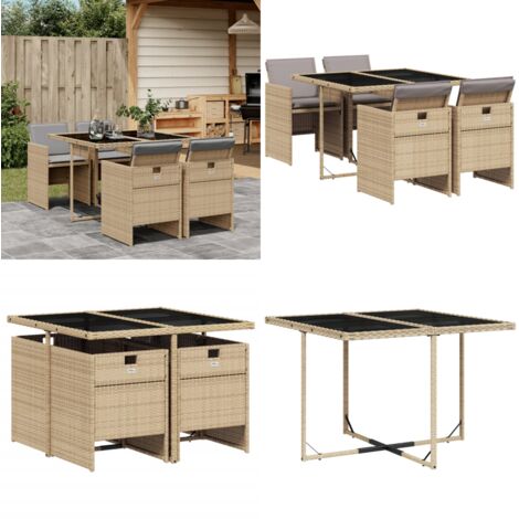 Set comedor de jardín 5 pzas con cojines ratán sintético beige - Sillas de jardín - Mesa de jardín