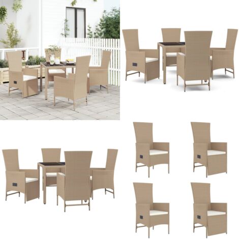 Set comedor de jardín 5 pzas con cojines ratán sintético beige - Sillas de jardín reclinables - Cojines sintéticos