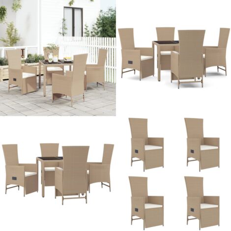 Set comedor de jardín 5 pzas con cojines ratán sintético beige - Sillas de jardín reclinables - Ratán sintético