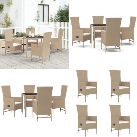 Set comedor de jardín 5 pzas con cojines ratán sintético beige - Sillas reclinables - Ratán sintético