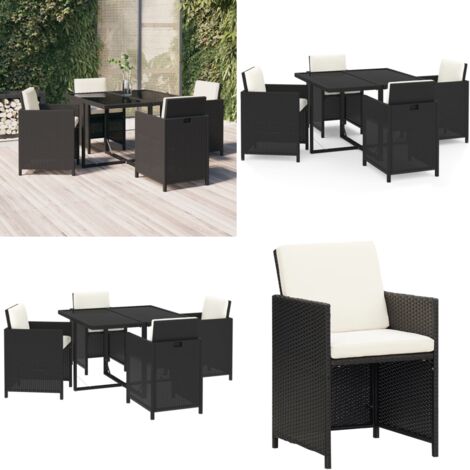 Set comedor de jardín 5 pzas con cojines ratán sintético negro - Sillas de jardín - Mesa de jardín