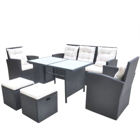 Set comedor de jardín 6 piezas y cojines ratán sintético negro