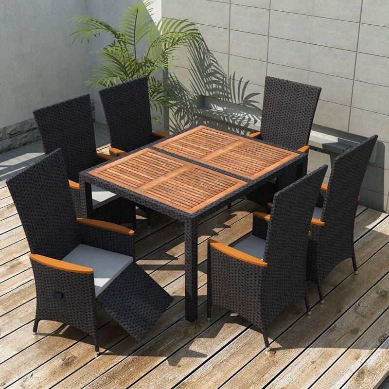 

Set comedor de jardín 7 piezas ratán sintético y madera negro