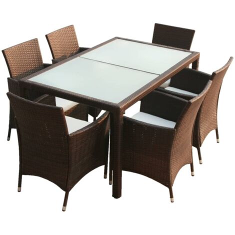 Set comedor de jardín 7 piezas y cojines ratán sintético marrón