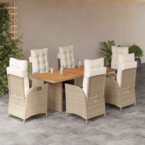 Set comedor de jardín 7 pzas con cojines ratán sintético beige