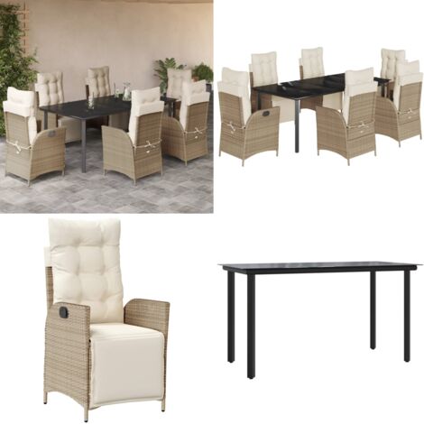 Set comedor de jardín 7 pzas con cojines ratán sintético beige - Asiento de jardín - Cojín de jardín