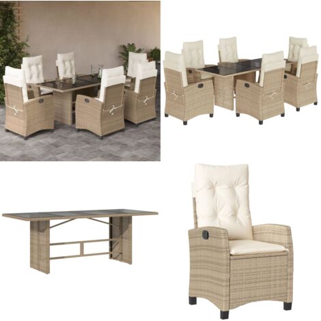 Set comedor de jardín 7 pzas con cojines ratán sintético beige - Asiento de jardín - Mesa de jardín