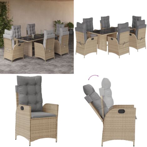 Set comedor de jardín 7 pzas con cojines ratán sintético beige - Asientos de jardín - Cojines para asiento