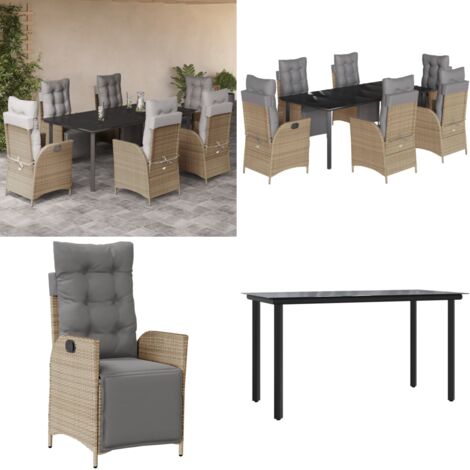 Set comedor de jardín 7 pzas con cojines ratán sintético beige - Asientos de jardín - Cojines para asiento