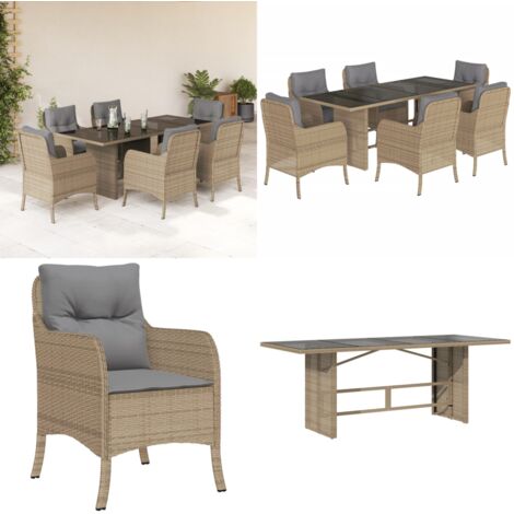 Set comedor de jardín 7 pzas con cojines ratán sintético beige - Muebles de jardín - Sillas de jardín