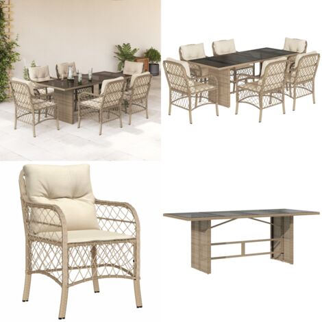 Set comedor de jardín 7 pzas con cojines ratán sintético beige - Muebles de jardín - Sillas de jardín