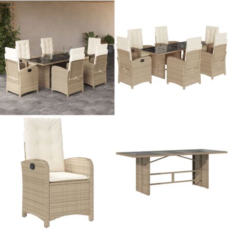 Set comedor de jardín 7 pzas con cojines ratán sintético beige - Sillas de jardín - Mesa de jardín