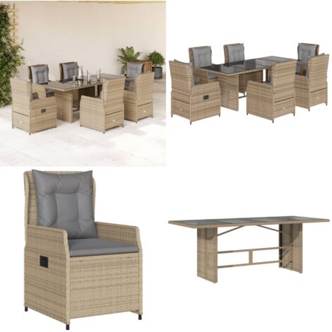 Set comedor de jardín 7 pzas con cojines ratán sintético beige - Sillas de jardín - Mesa de jardín