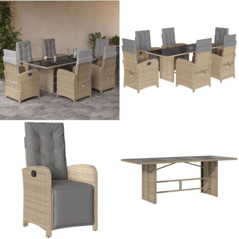 Set comedor de jardín 7 pzas con cojines ratán sintético beige - Sillas de jardín - Mesa de jardín