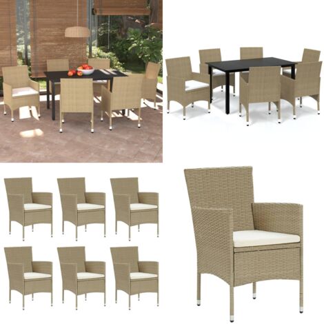 Set comedor de jardín 7 pzas con cojines ratán sintético beige - Sillas de jardín - Mesa de jardín