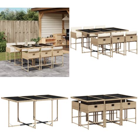 Set comedor de jardín 7 pzas con cojines ratán sintético beige - Sillas de jardín - Mesa de jardín
