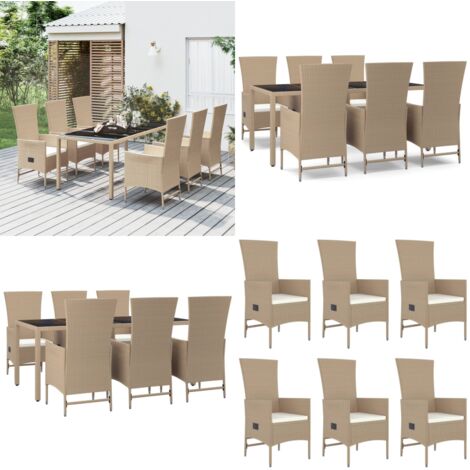 Set comedor de jardín 7 pzas con cojines ratán sintético beige - Sillas de jardín reclinables - Ratán sintético