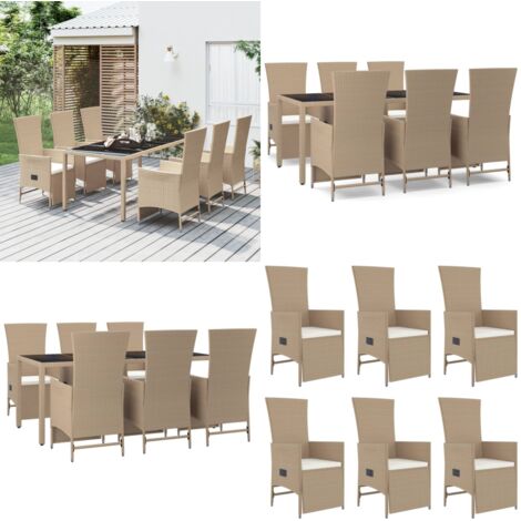 Set comedor de jardín 7 pzas con cojines ratán sintético beige - Sillas reclinables - Ratán sintético