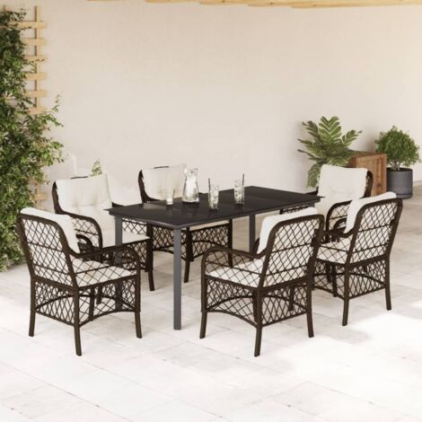 Set comedor de jardín 7 pzas con cojines ratán sintético marrón