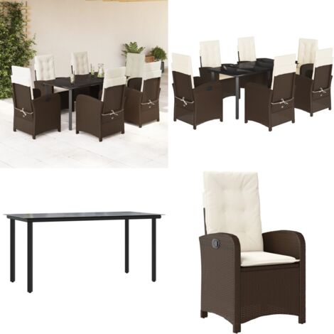 Set comedor de jardín 7 pzas con cojines ratán sintético marrón - Sillas de jardín reclinables - Cojines para asiento
