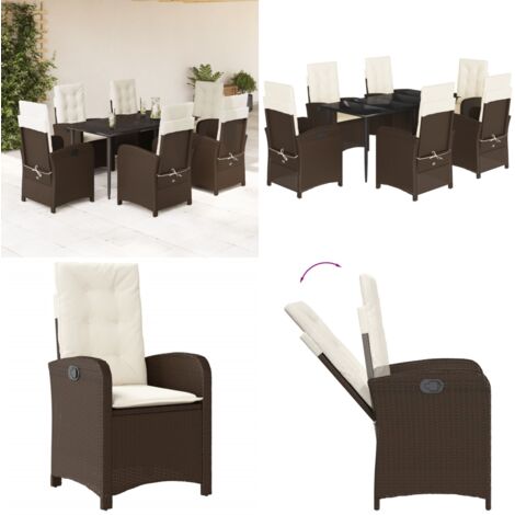 Set comedor de jardín 7 pzas con cojines ratán sintético marrón - Sillas de jardín reclinables - Cojines para asiento