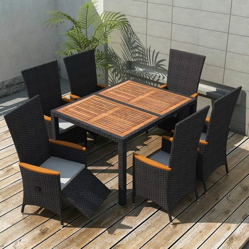 

Set comedor de jardín 7 pzas ratán sintético y madera negro